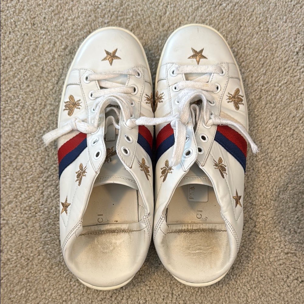 Gucci Ace Bee White Shoes Embroidered Stars and Stripes Fold Down Back Mules